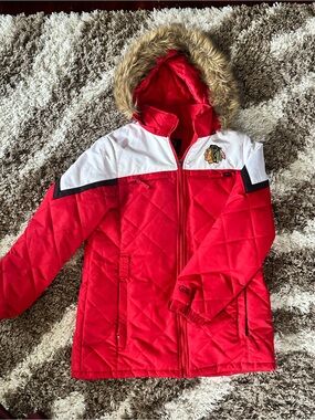 NHL chicago blackhawks womens Puffer Jacket with Faux Fur Hood